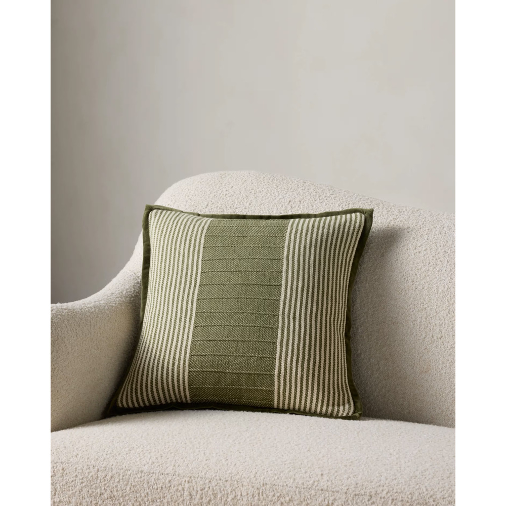 New Loloi Pillow Cover Green Ivory Stripe Velvet Trim / Back 18" x 18"